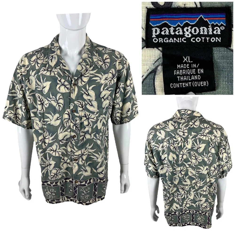 Patagonia Mens XL Shirt Floral Hawaiian Green 100% Cotton Vintage Short Sleeve